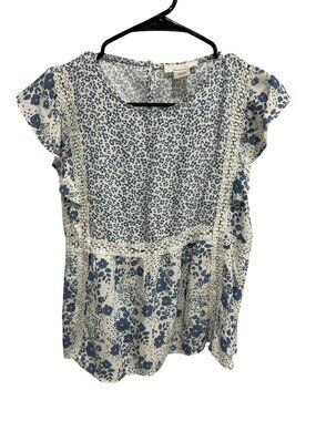 Urban Romantics Blue White Floral Short Sleeve Blouse Crochet Size M Boho Chic